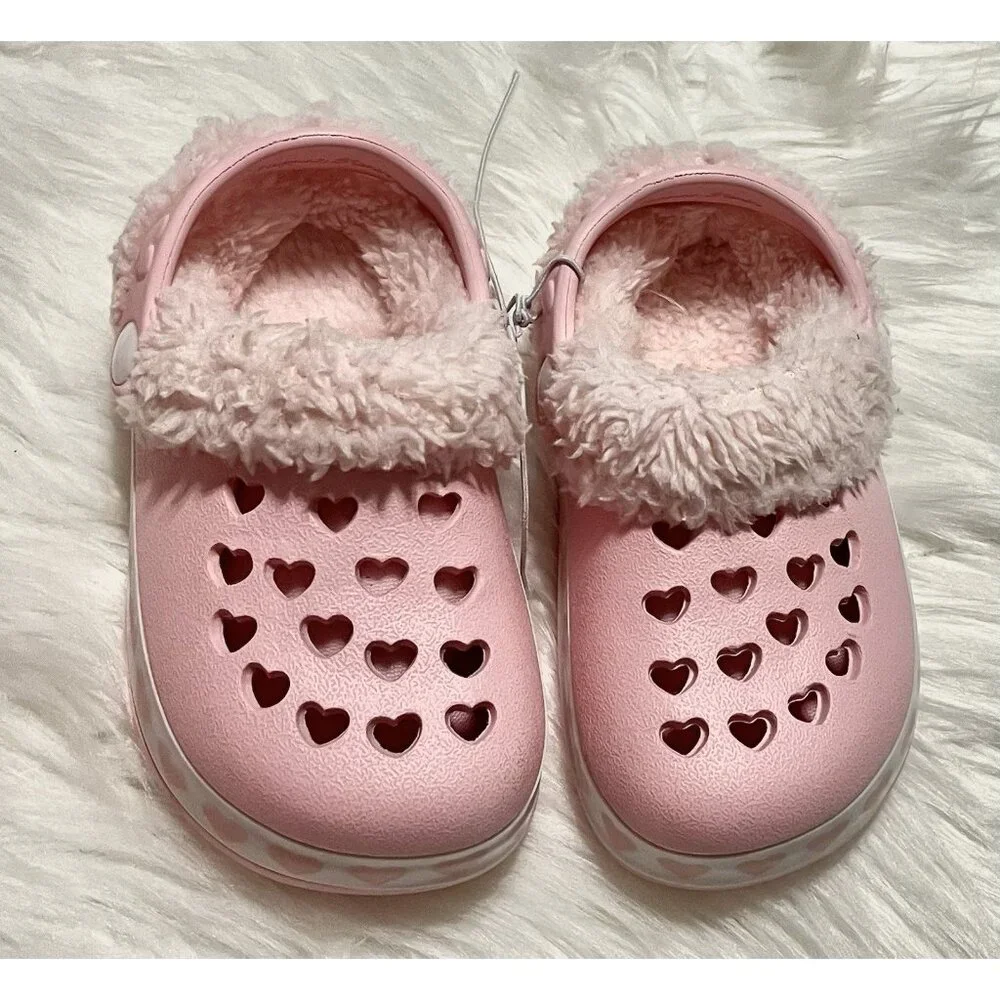 Stepping Stones Toddler Size 6 Pink Faux Fur Lined Clogs Sandals Shoes Hearts